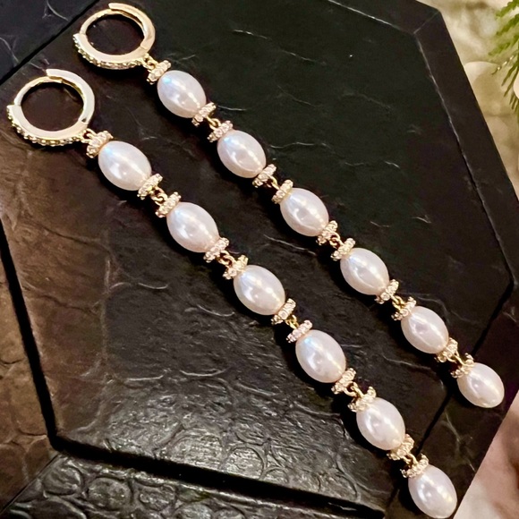 Long Gold Dangle Earrings White Pearls on Huggie Hoops-Like new! Great Gift! - Picture 6 of 15